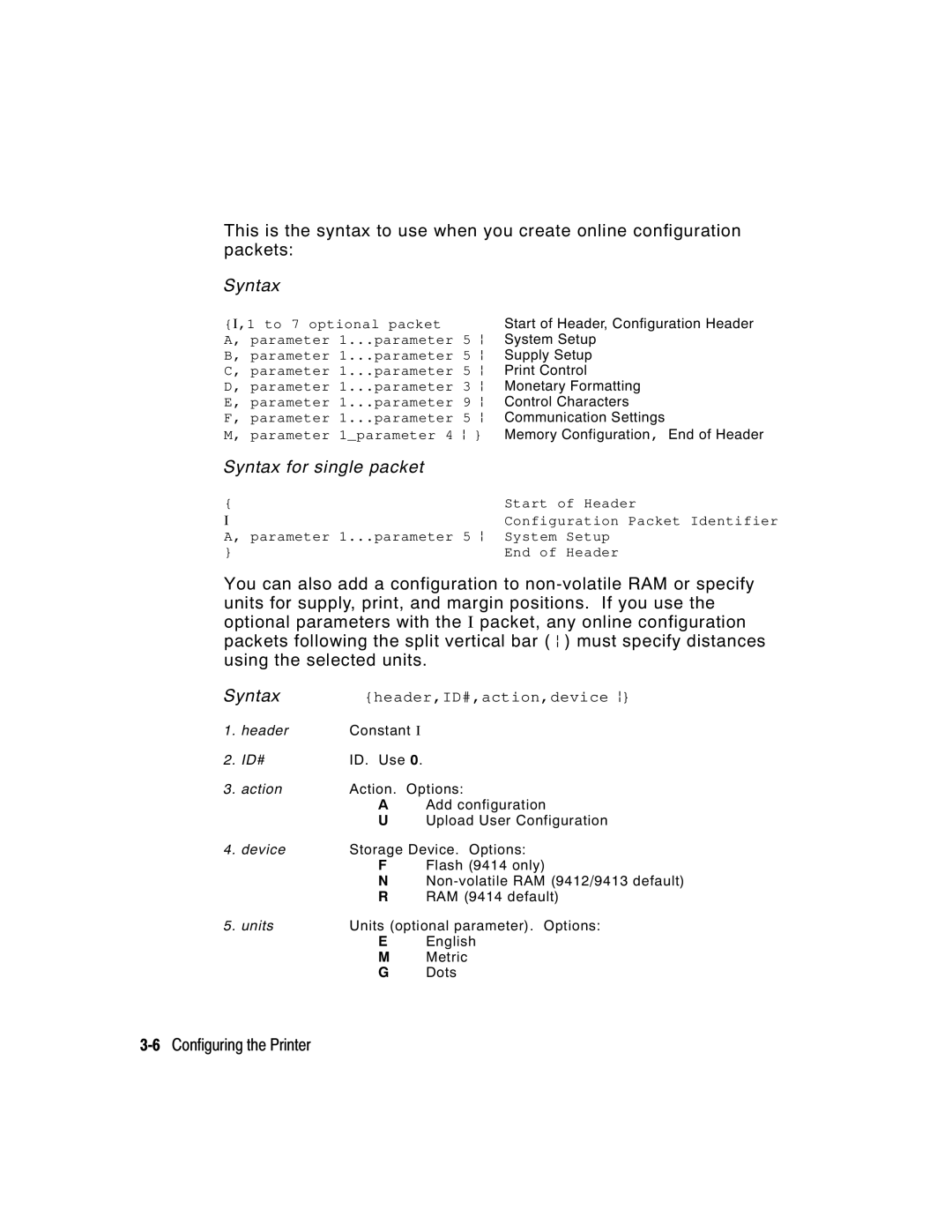 Paxar 9413, 9412 manual 6Configuring the Printer, Header,ID#,action,device p 