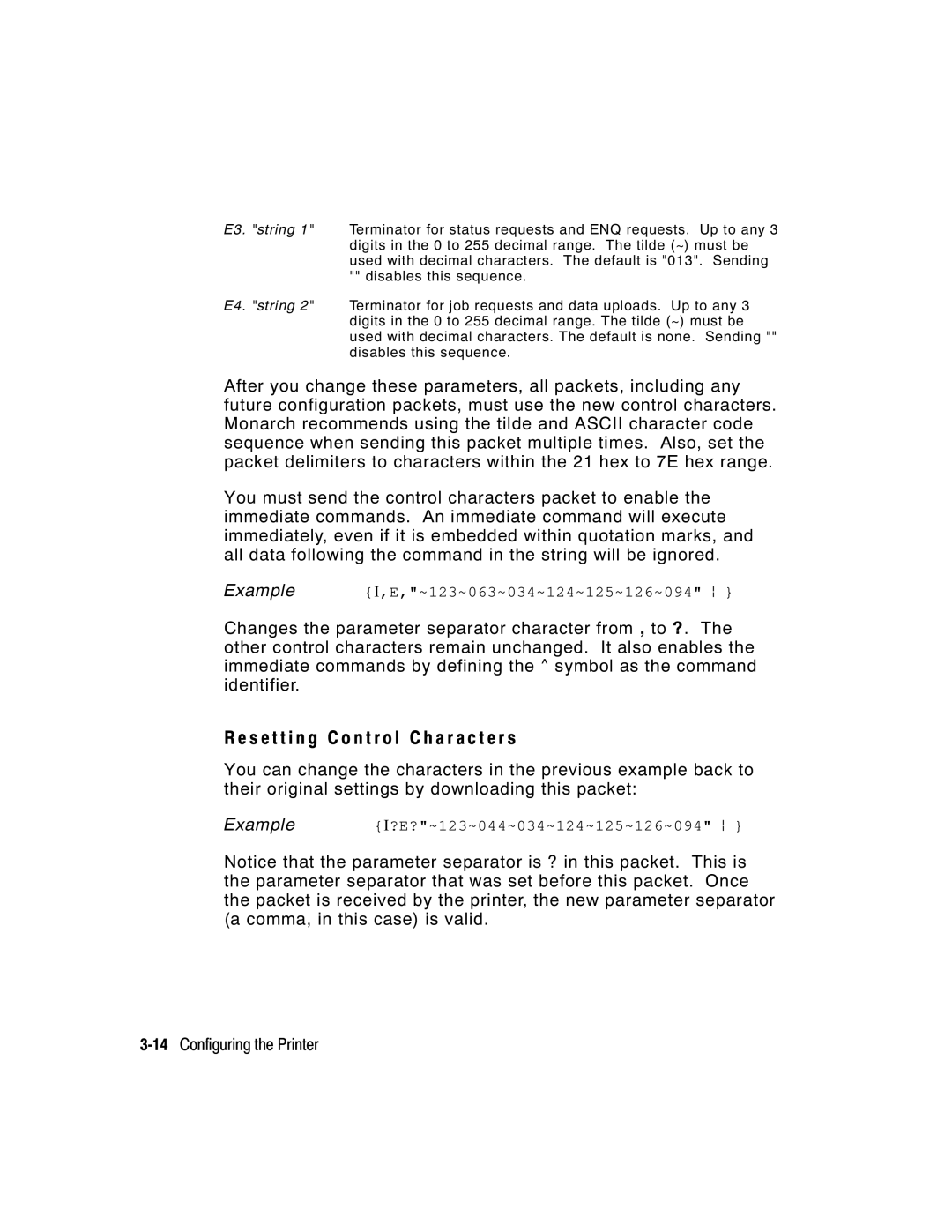 Paxar 9413, 9412 manual S e t t i n g C o n t r o l C h a r a c t e r s, 14Configuring the Printer 