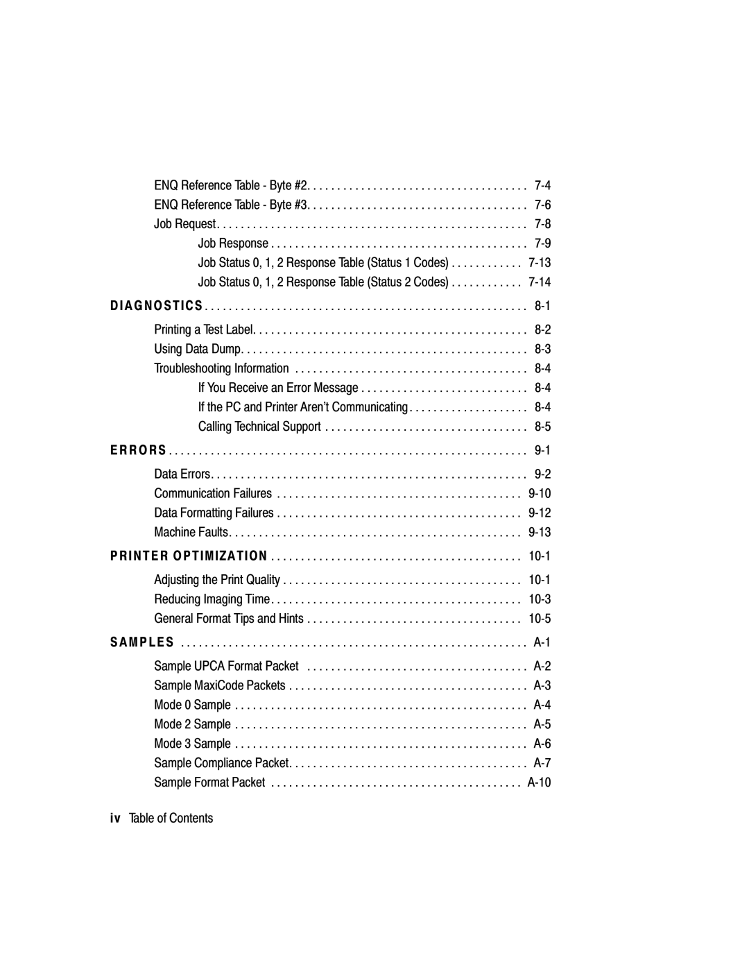 Paxar 9413, 9412 manual Iv Table of Contents, A G N O S Ti C S 