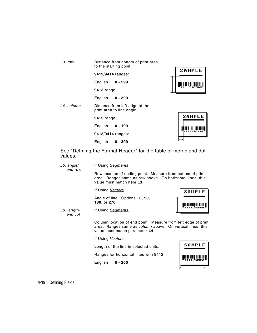 Paxar 9413, 9412 manual 18Defining Fields, L5. angle/ If Using Segments end row 