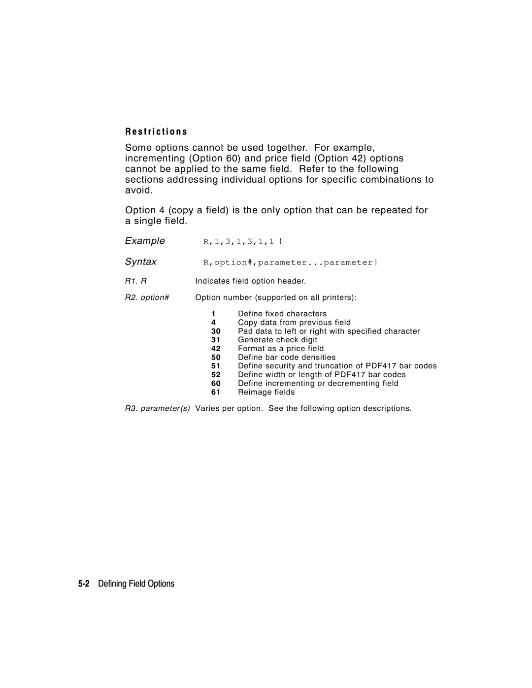 Paxar 9413, 9412 manual S t r i c t i o n s, 2Defining Field Options, 3,1,3,1,1 p, Option#,parameter...parameter p 