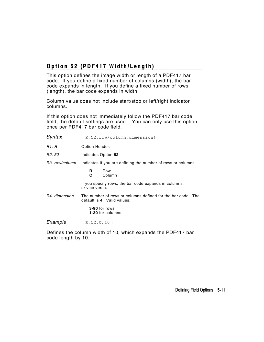 Paxar 9412, 9413 manual T i o n 5 2 P D F 4 1 7 W i d t h / L e n g t h, 52,row/column,dimension p 