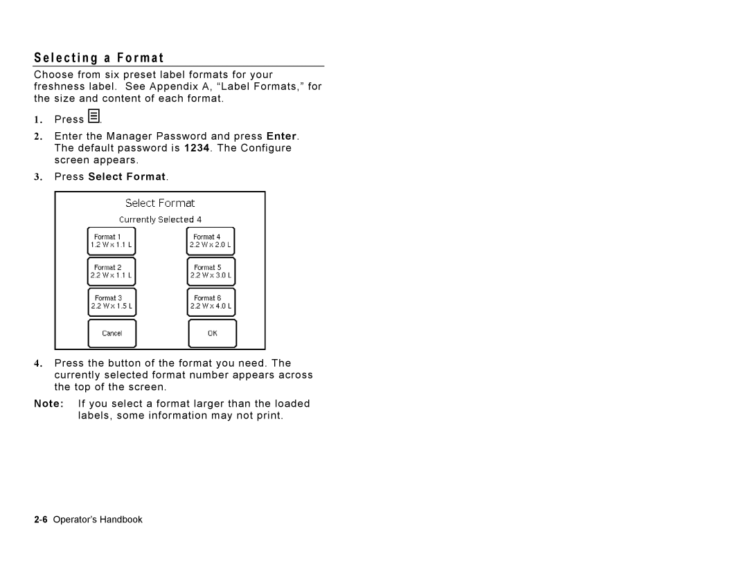 Paxar 9415 manual L e c t i n g a F o r m a t, Press Select Format 