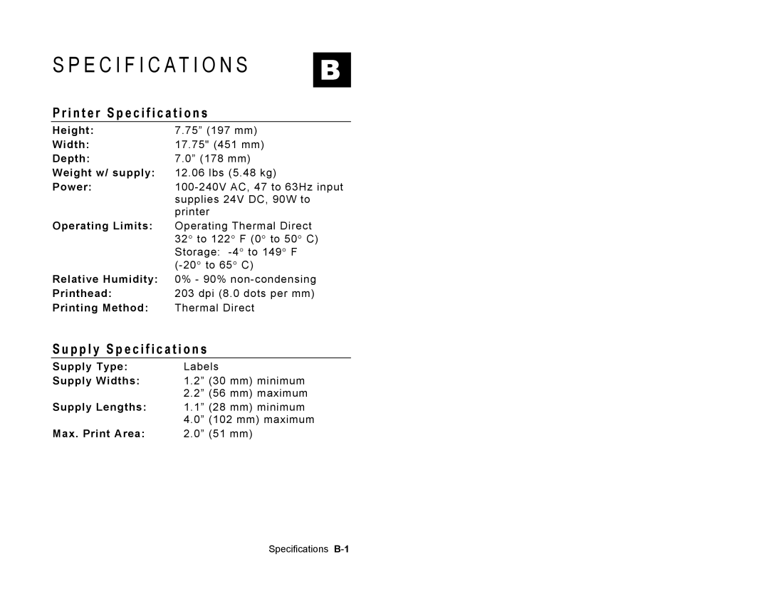 Paxar 9415 manual E C I F I C At I O N S, I n t e r Specification s, P p l y Specification s 