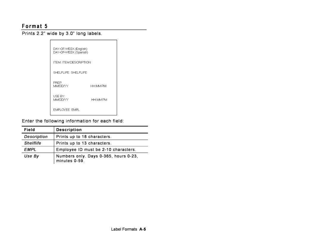 Paxar 9415 manual F o r m a t, Field, Description, Label Formats A-5 