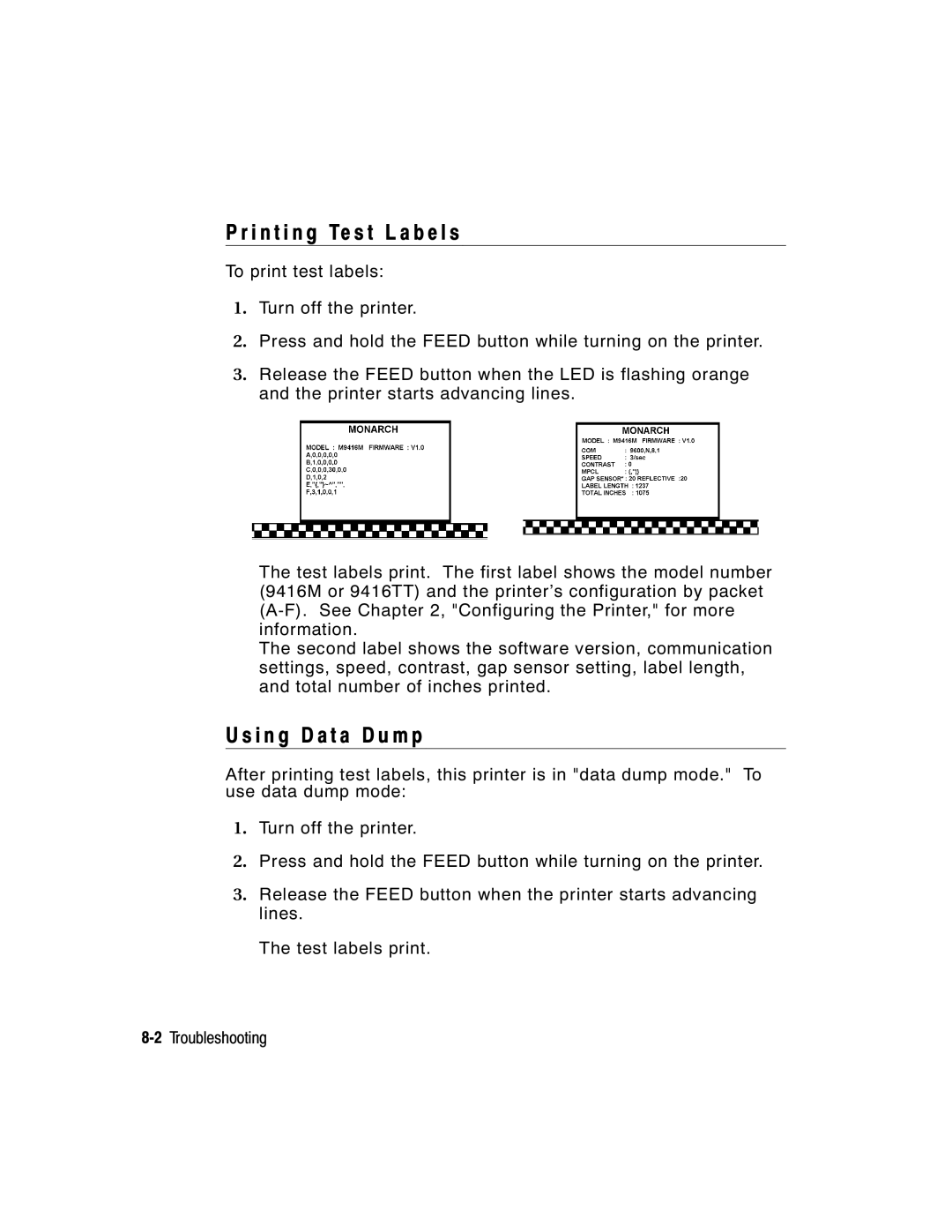 Paxar 9416 XL manual I n t i n g Te s t L a b e l s, I n g D a t a D u m p 