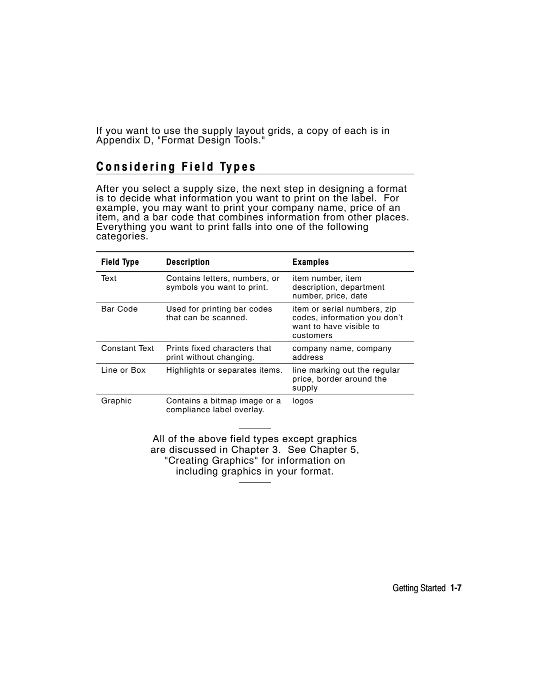 Paxar 9416 XL manual N s i d e r i n g F i e l d Ty p e s, Field Type Description Examples 