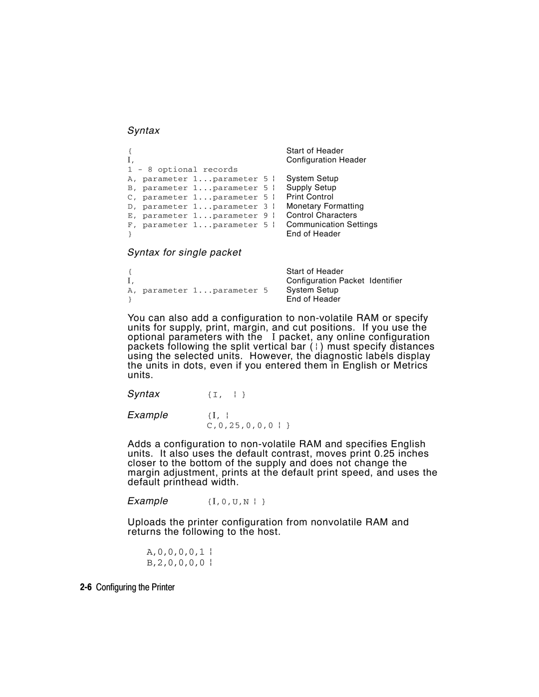 Paxar 9416 XL manual Syntax, 6Configuring the Printer 