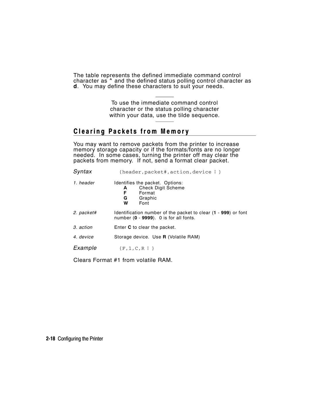 Paxar 9416 XL E a r i n g P a c k e t s f r o m M e m o r y, Clears Format #1 from volatile RAM 18Configuring the Printer 