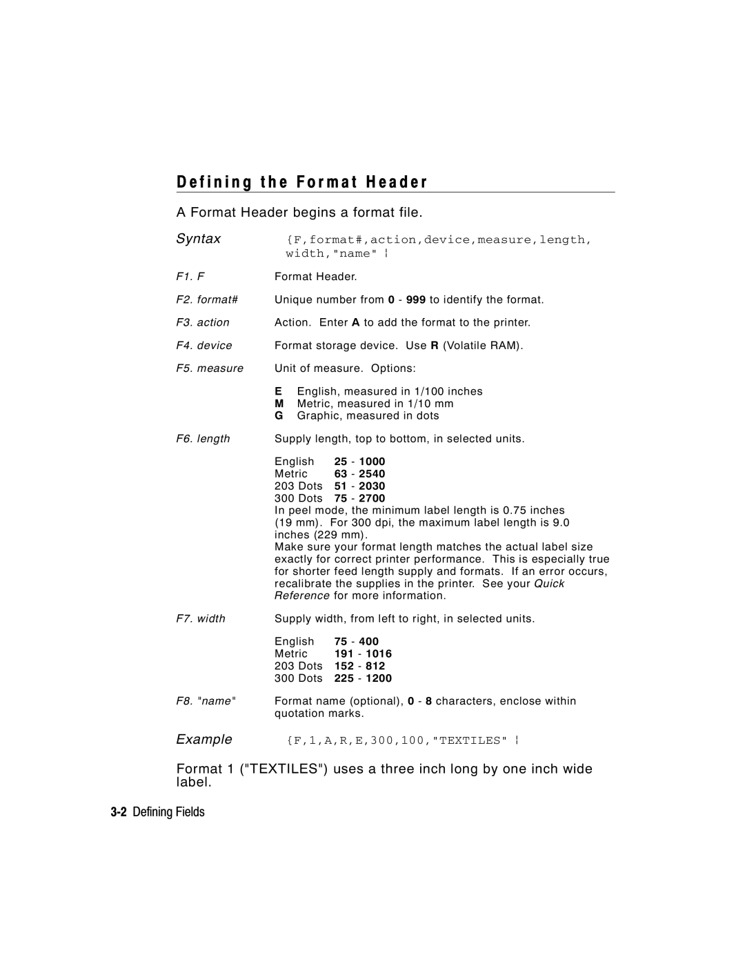 Paxar 9416 XL manual F i n i n g t h e F o r m a t H e a d e r, Format Header begins a format file, Width,name p 