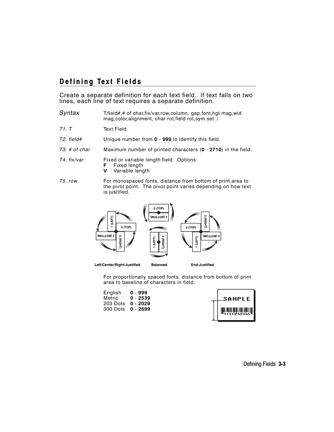 Paxar 9416 XL manual F i n i n g Te x t F i e l d s, T5. row 