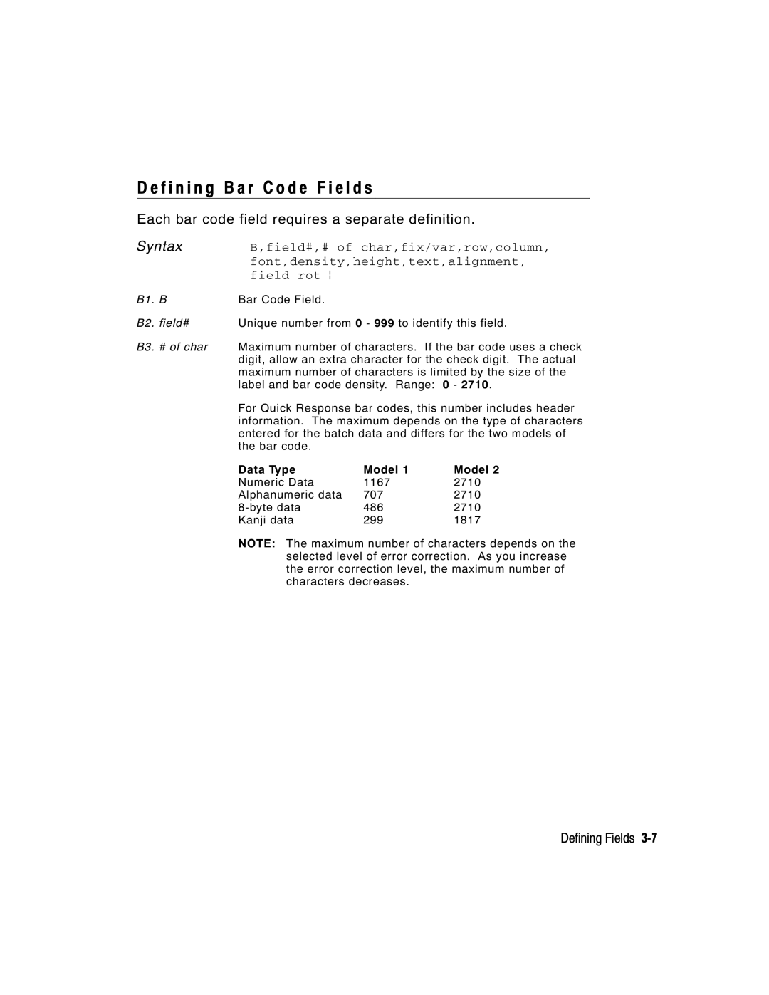 Paxar 9416 XL manual F i n i n g B a r code F i e l d s, Each bar code field requires a separate definition 