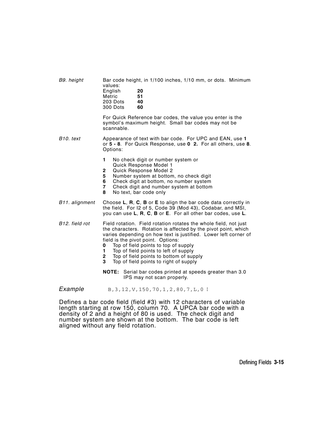 Paxar 9416 XL manual Example B,3,12,V,150,70,1,2,80,7,L,0 p 