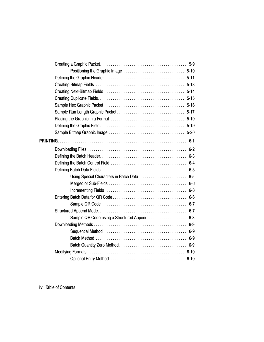 Paxar 9416 XL manual Printing, Iv Table of Contents 