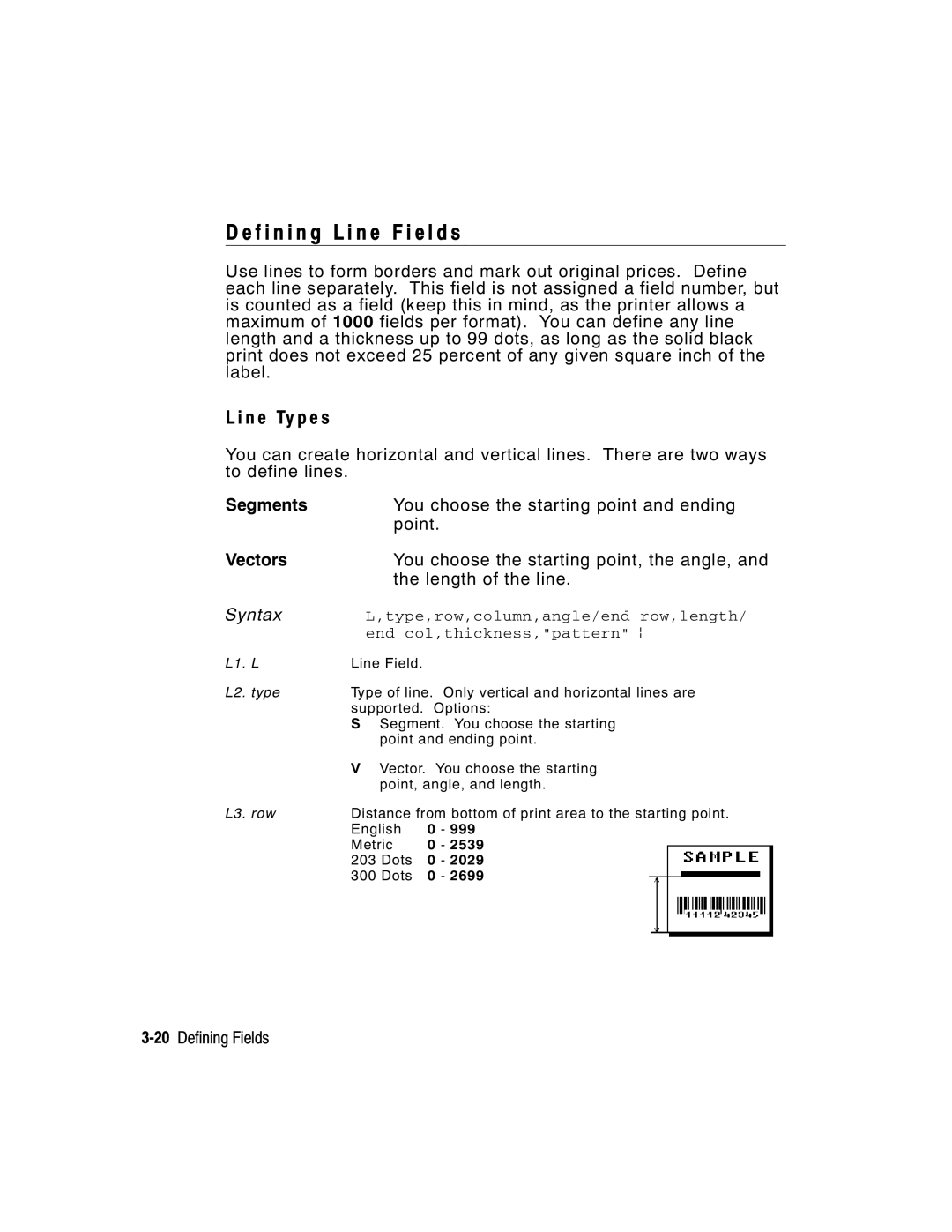 Paxar 9416 XL manual F i n i n g L i n e F i e l d s, N e Ty p e s, Segments, Vectors 