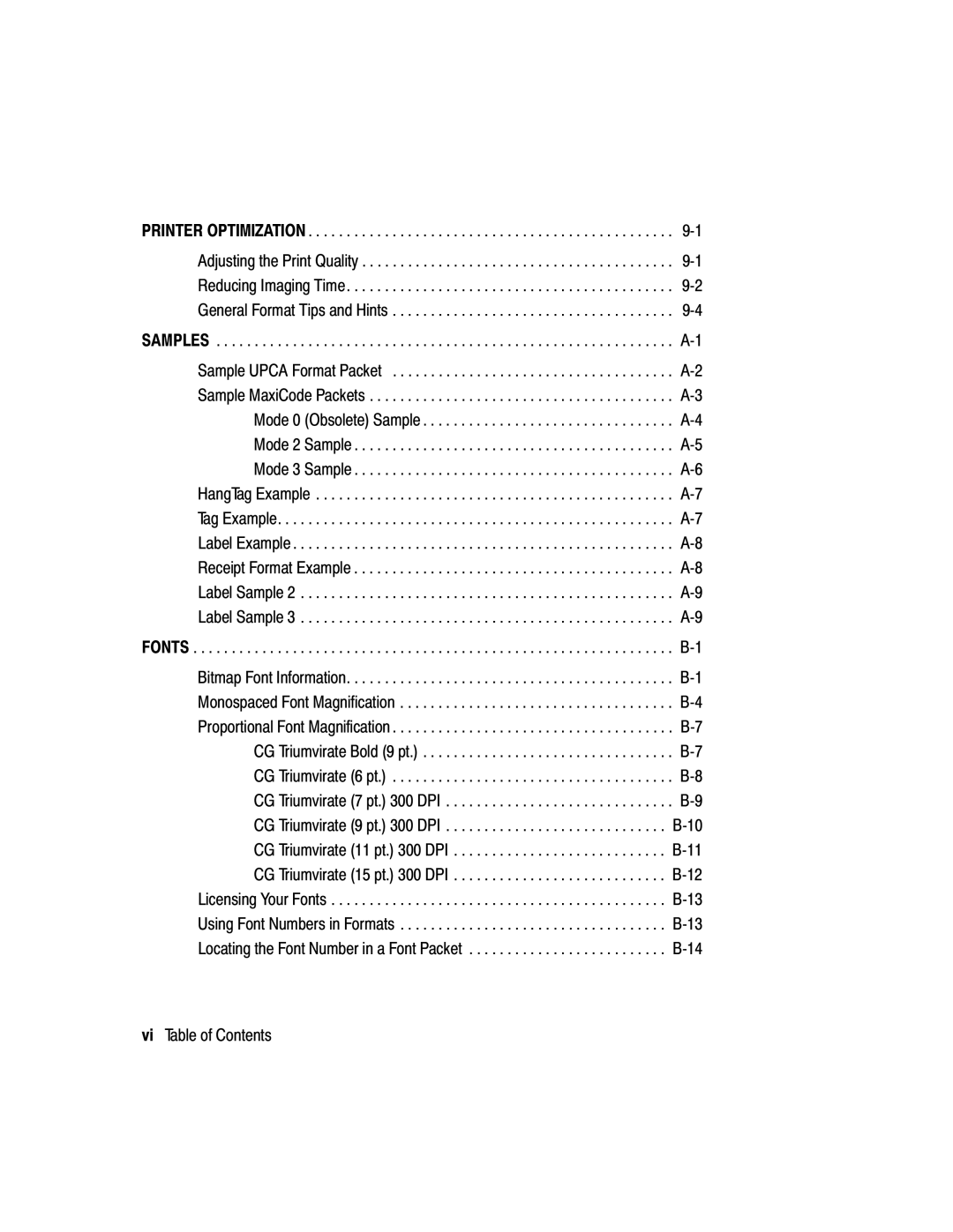 Paxar 9416 XL manual Vi Table of Contents 