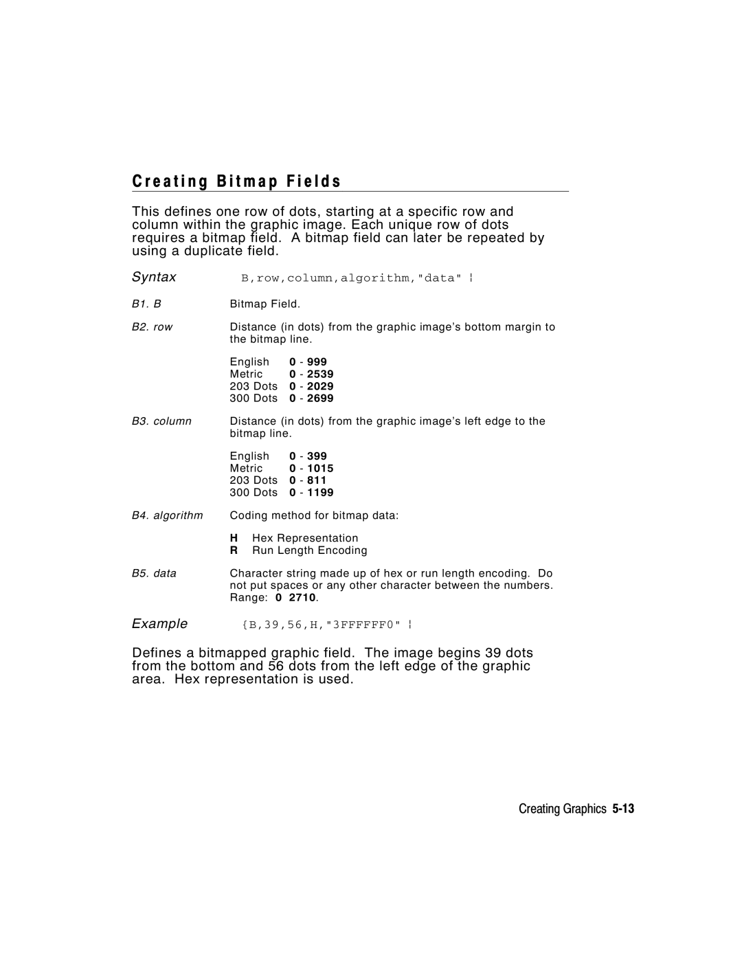 Paxar 9416 XL manual E a t i n g B i t m a p F i e l d s, Row,column,algorithm,data p 