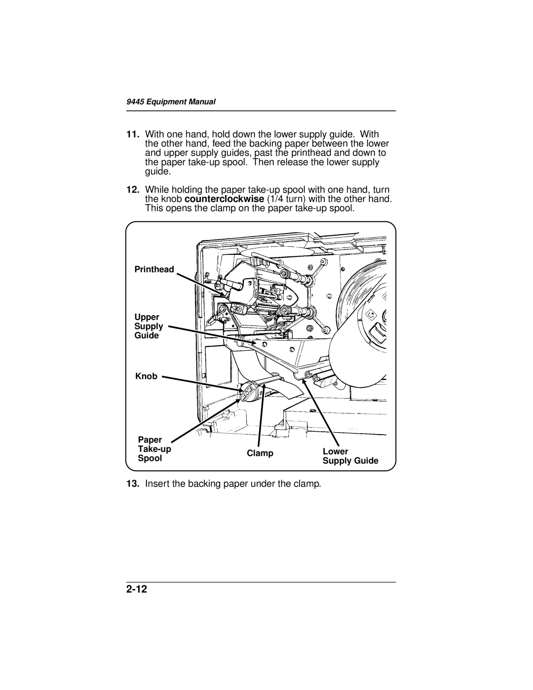 Paxar 9445 manual Insert the backing paper under the clamp 