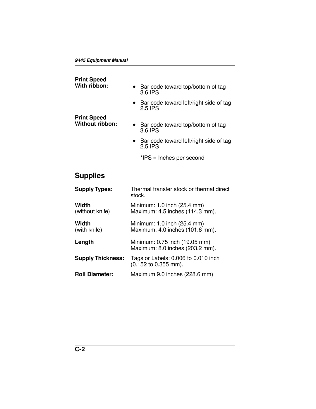 Paxar 9445 manual Supplies, Print Speed Without ribbon 