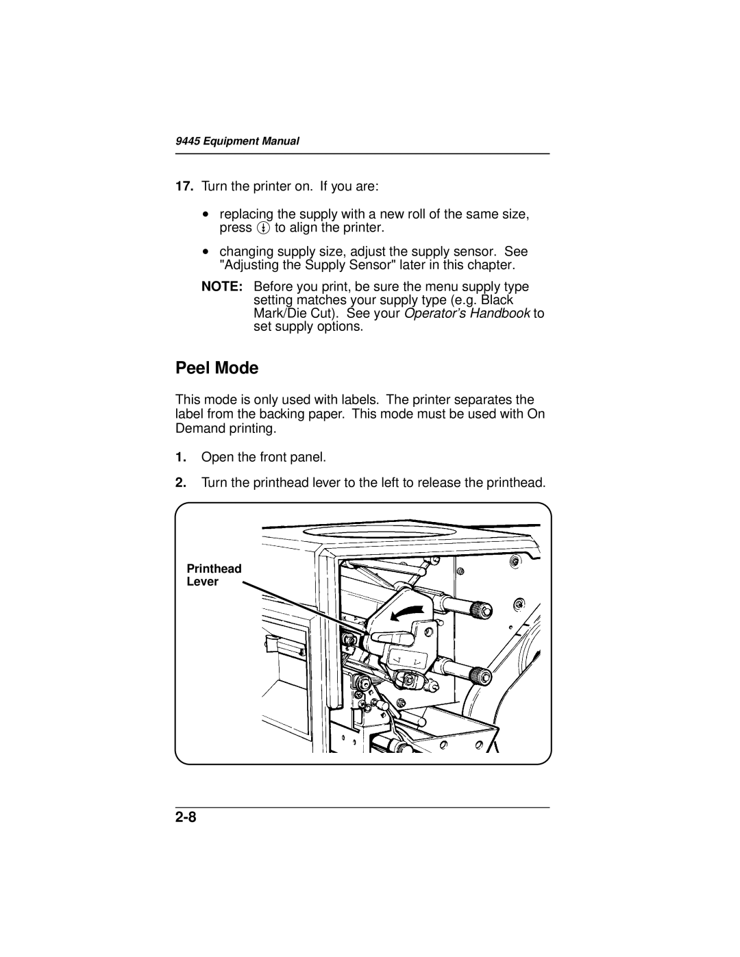 Paxar 9445 manual Peel Mode, Printhead Lever 