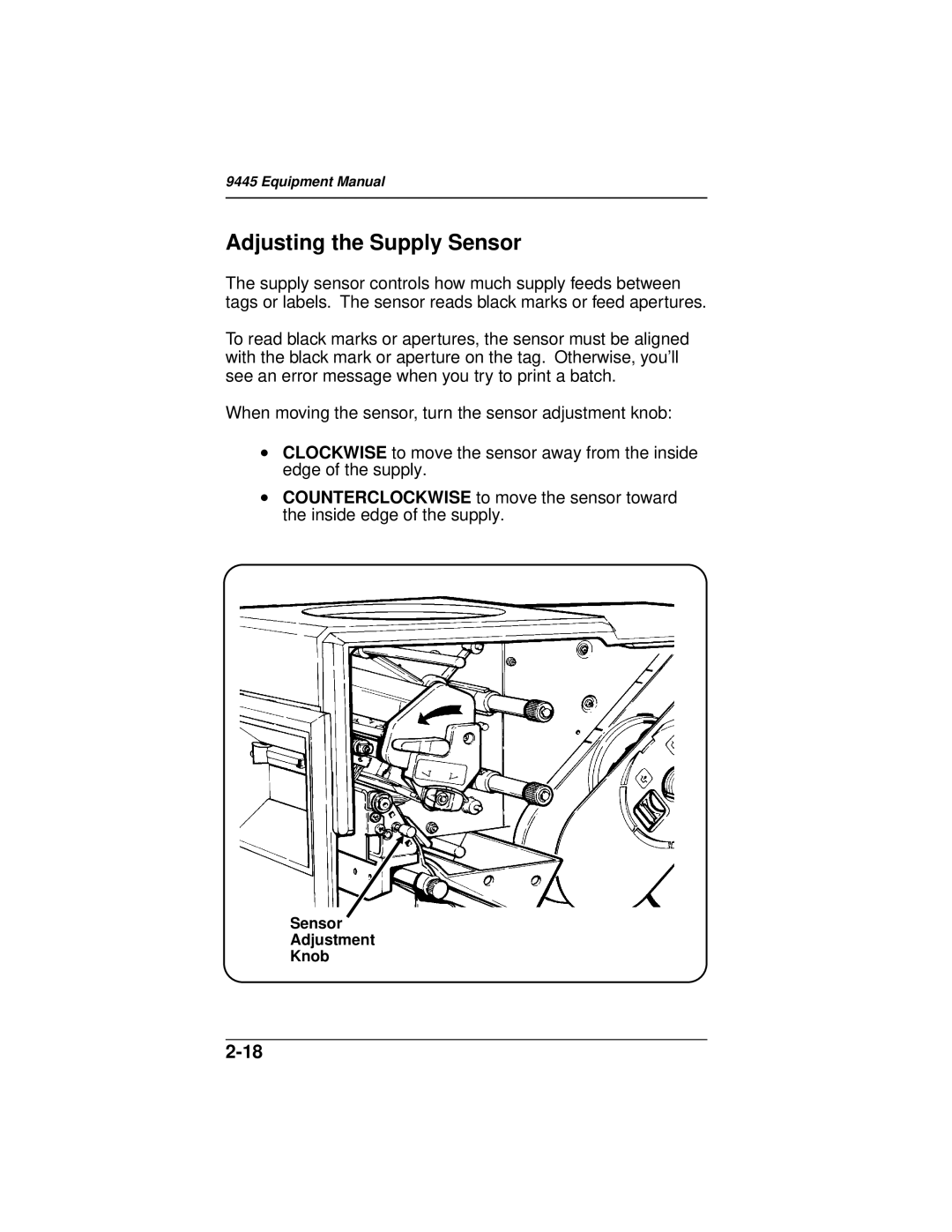 Paxar 9445 manual Adjusting the Supply Sensor, 2-18 
