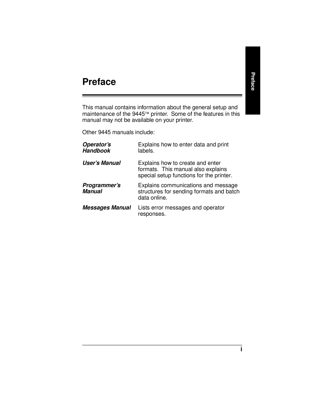 Paxar 9445 manual Preface, Operator’s, Handbook, User’s Manual, Programmer’s, Messages Manual 