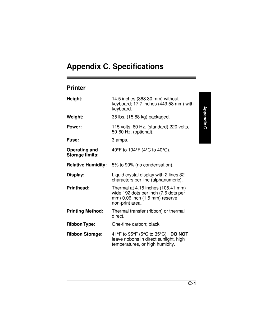 Paxar 9445 manual Appendix C. Specifications, Printer 