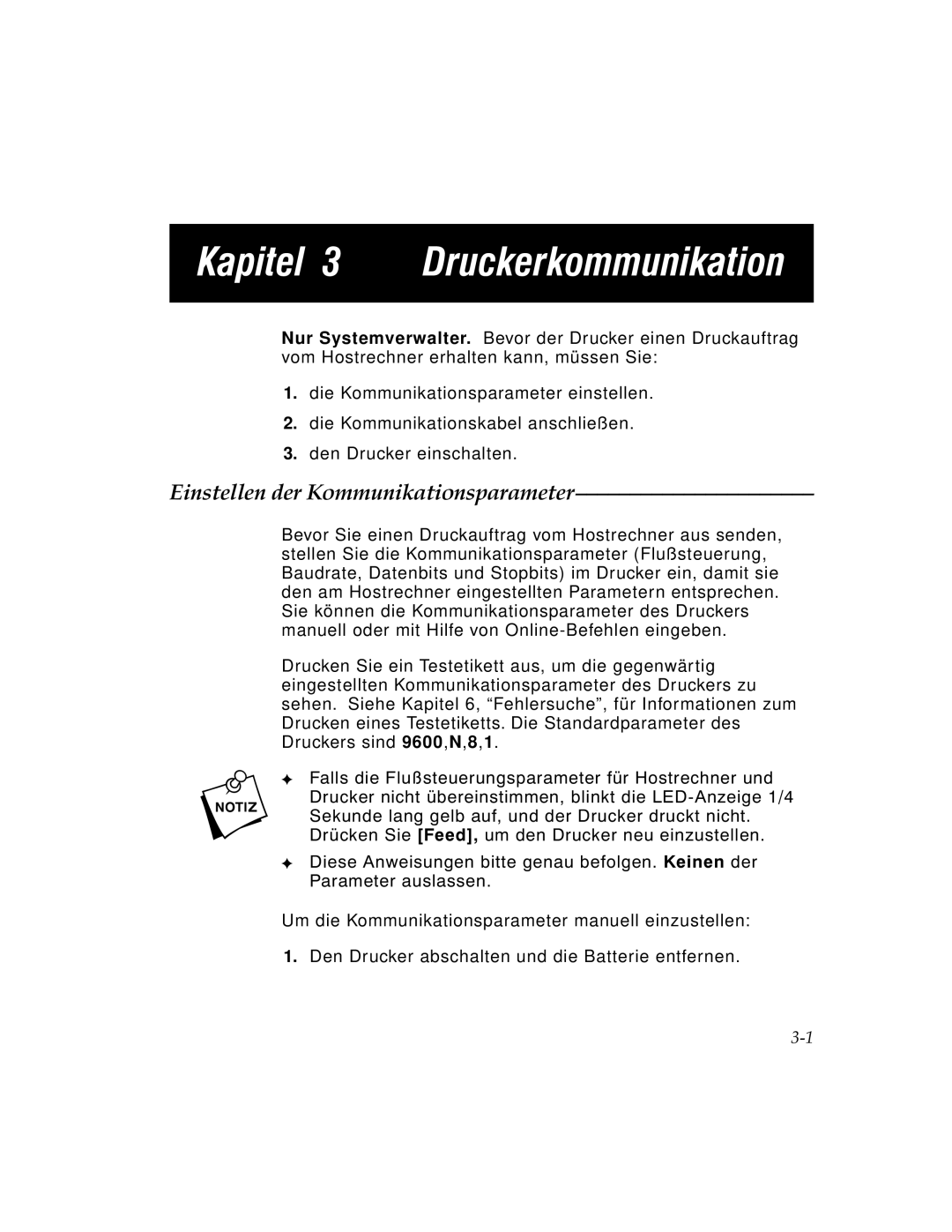 Paxar 9450 manual Kapitel 3 Druckerkommunikation, Einstellen der Kommunikationsparameter 