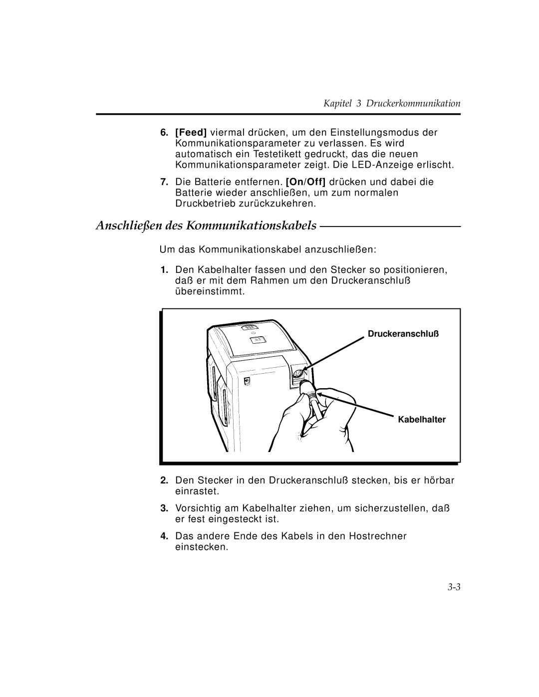 Paxar 9450 manual Anschließen des Kommunikationskabels, Kapitel 3 Druckerkommunikation 