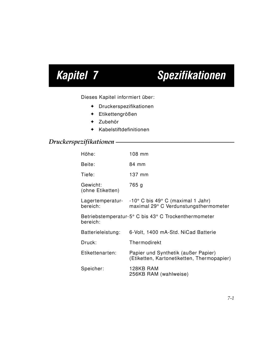 Paxar 9450 manual Kapitel Spezifikationen, Druckerspezifikationen 