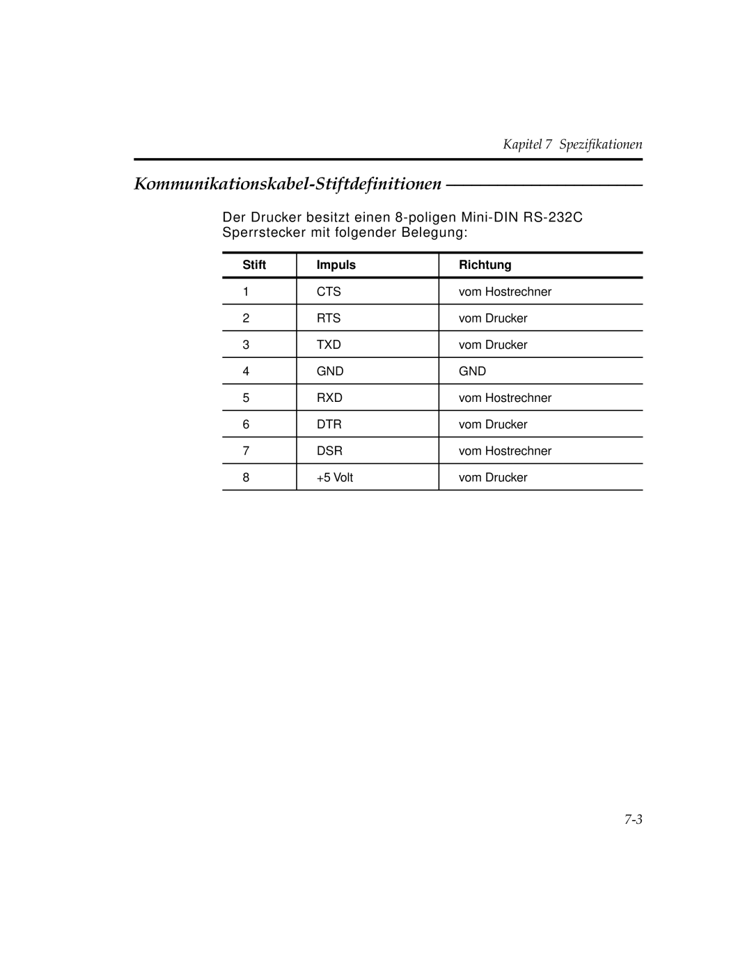 Paxar 9450 manual Kommunikationskabel-Stiftdefinitionen, Stift Impuls Richtung 