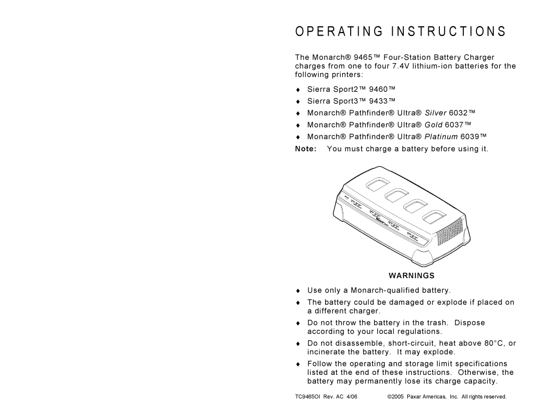 Paxar 9460 operating instructions E R a T I N G I N S T R U C T I O N S 