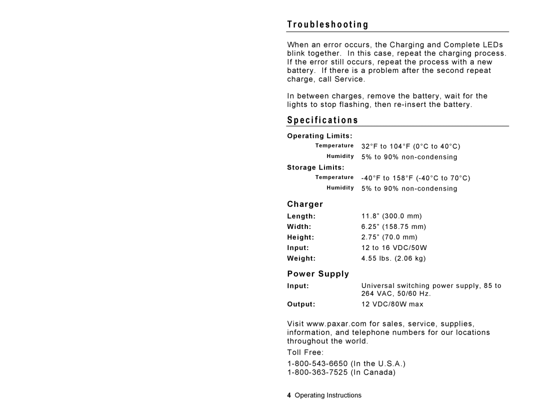 Paxar 9460 operating instructions Troubleshooting, Specification s, Charger, Power Supply 