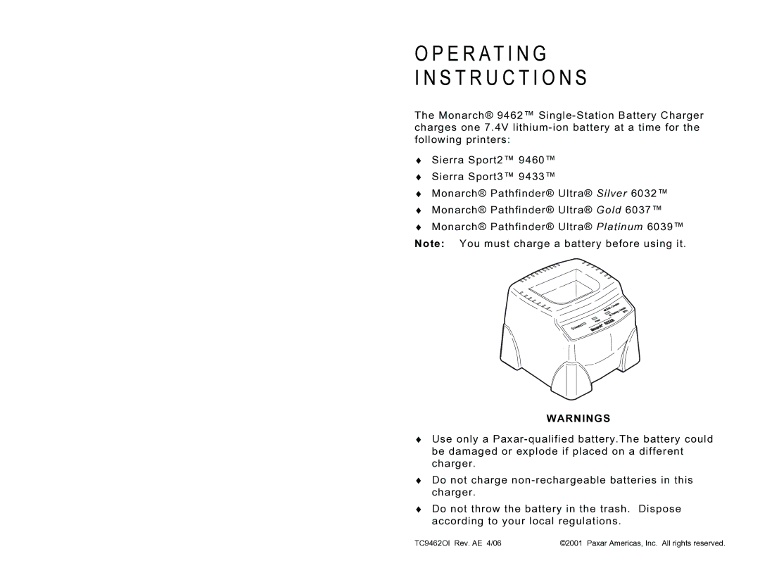 Paxar 9462TM operating instructions E R At I N G S T R U C T I O N S 