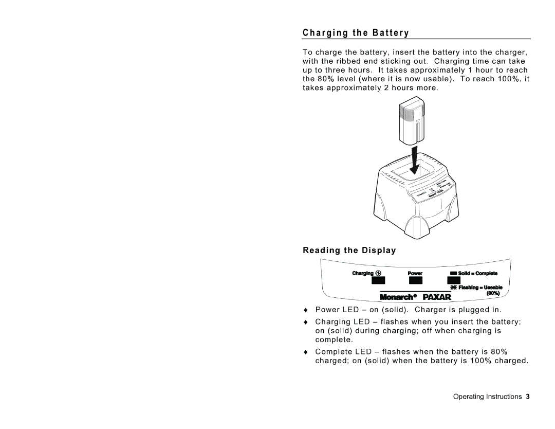 Paxar 9462TM operating instructions A r g i n g t h e B a t t e r y, Reading the Display 