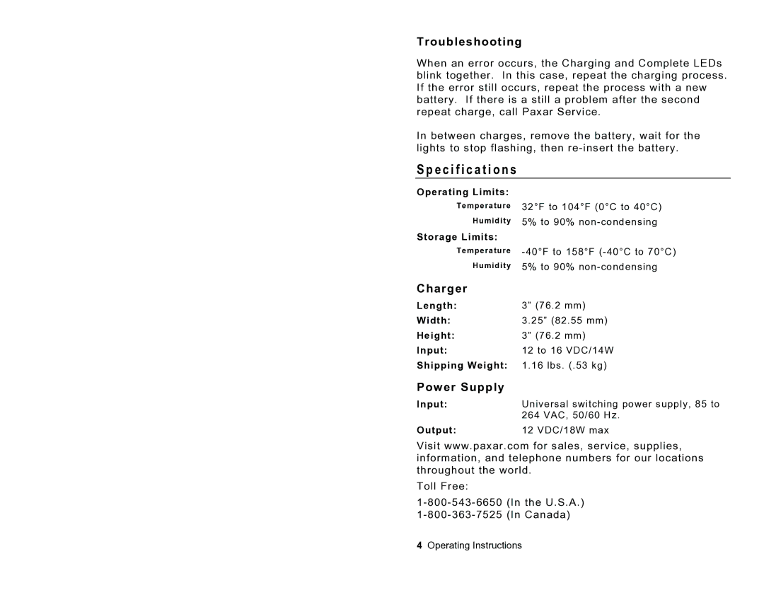 Paxar 9462TM operating instructions Specification s, Troubleshooting, Charger, Power Supply 