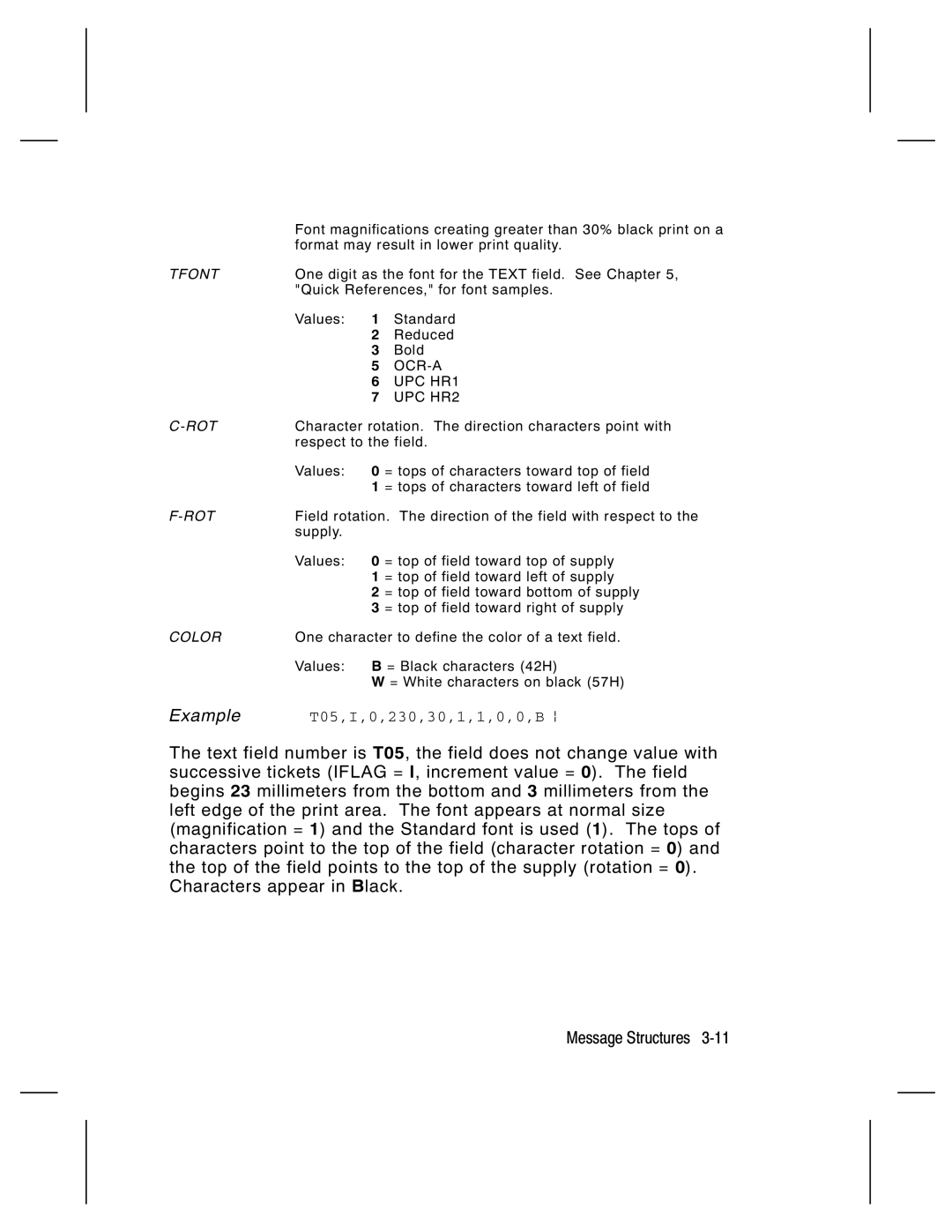 Paxar 9474 manual Tfont, Ocr-A, UPC HR1, UPC HR2, Rot, Color 