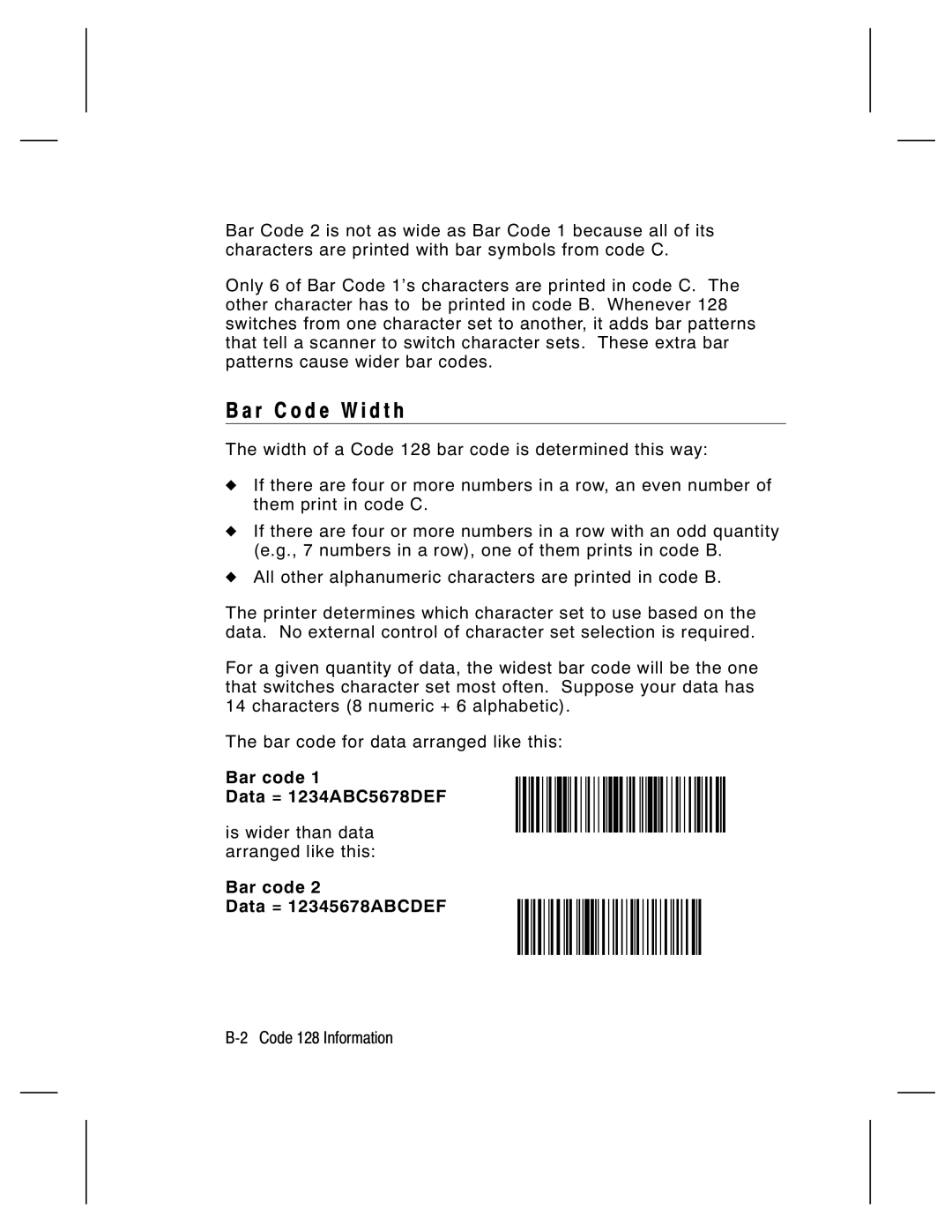 Paxar 9474 manual R code W i d t h, Bar code Data = 1234ABC5678DEF, Bar code Data = 12345678ABCDEF 