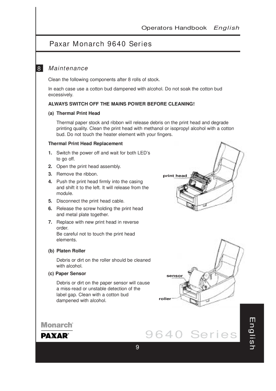 Paxar 9640 manual Maintenance, Thermal Print Head Replacement, Platen Roller, Paper Sensor 