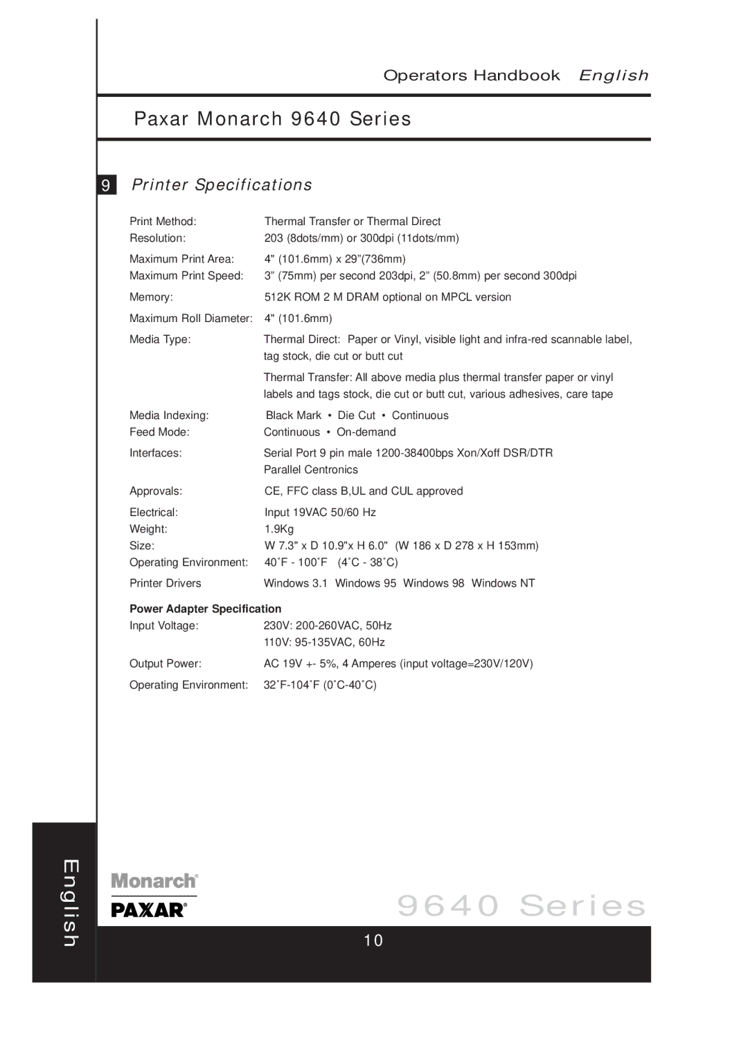 Paxar 9640 manual Printer Specifications, Power Adapter Specification 