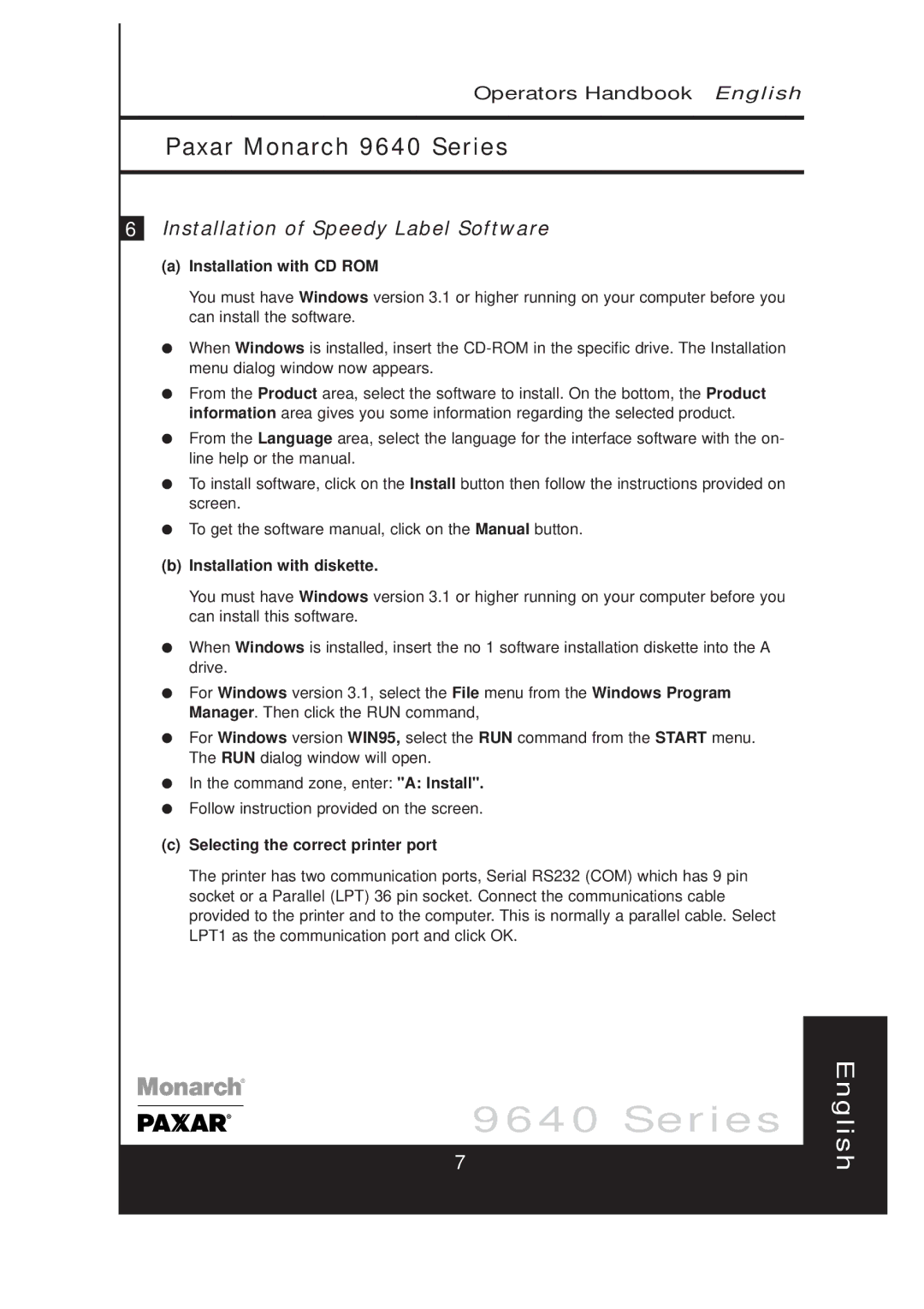 Paxar 9640 manual Installation of Speedy Label Software, Installation with CD ROM, Installation with diskette 