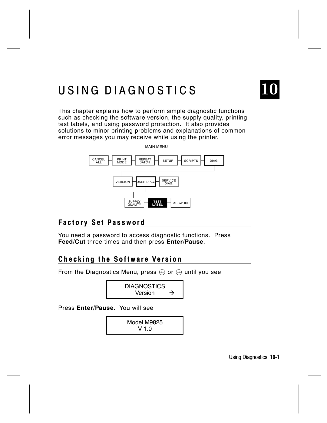 Paxar 9800 Series manual I N G D I a G N O S T I C S, C t o r y S e t P a s s w o r d, Diagnostics 