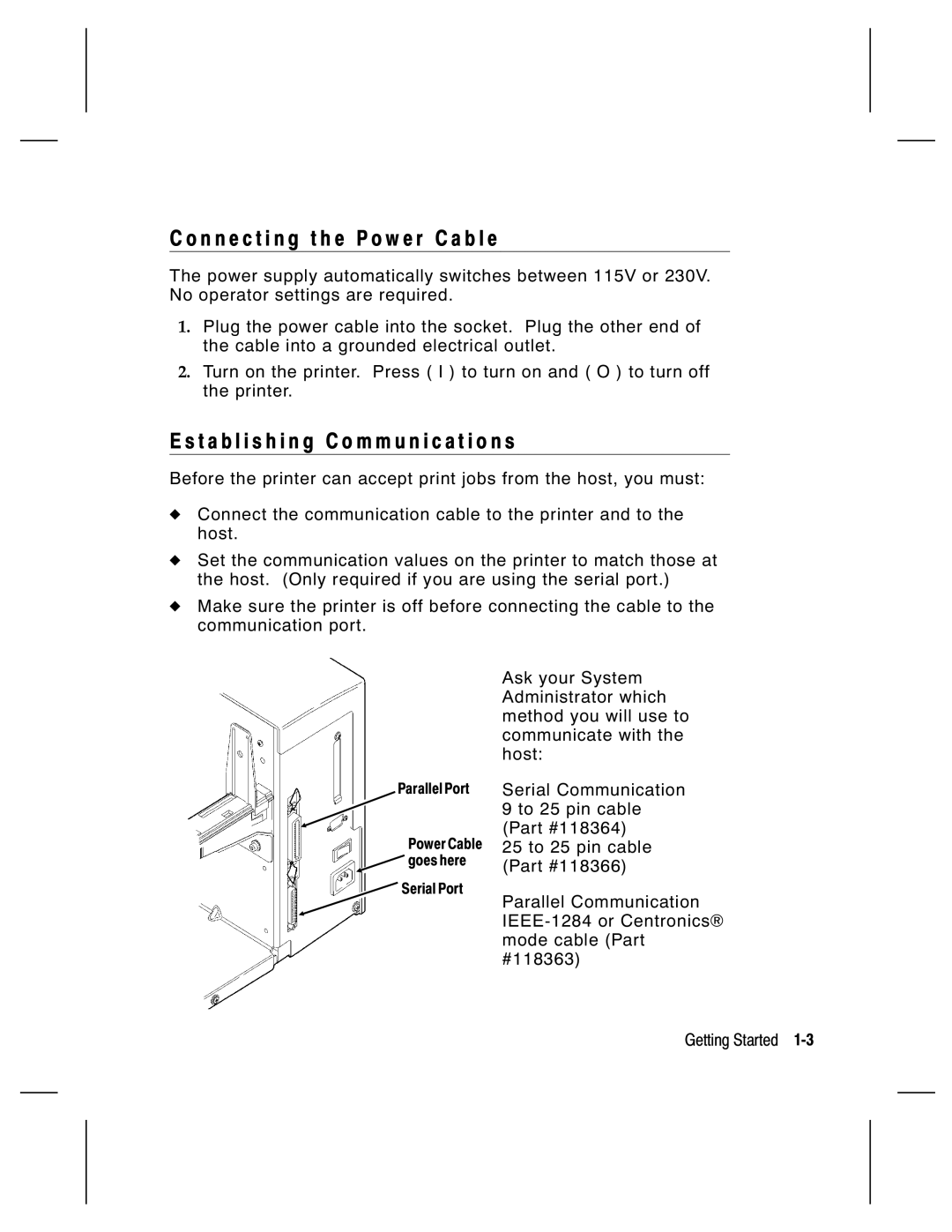 Paxar 9800 Series manual N n e c t i n g t h e P o w e r C a b l e, T a b l i s h i n g C o m m u n i c a t i o n s 