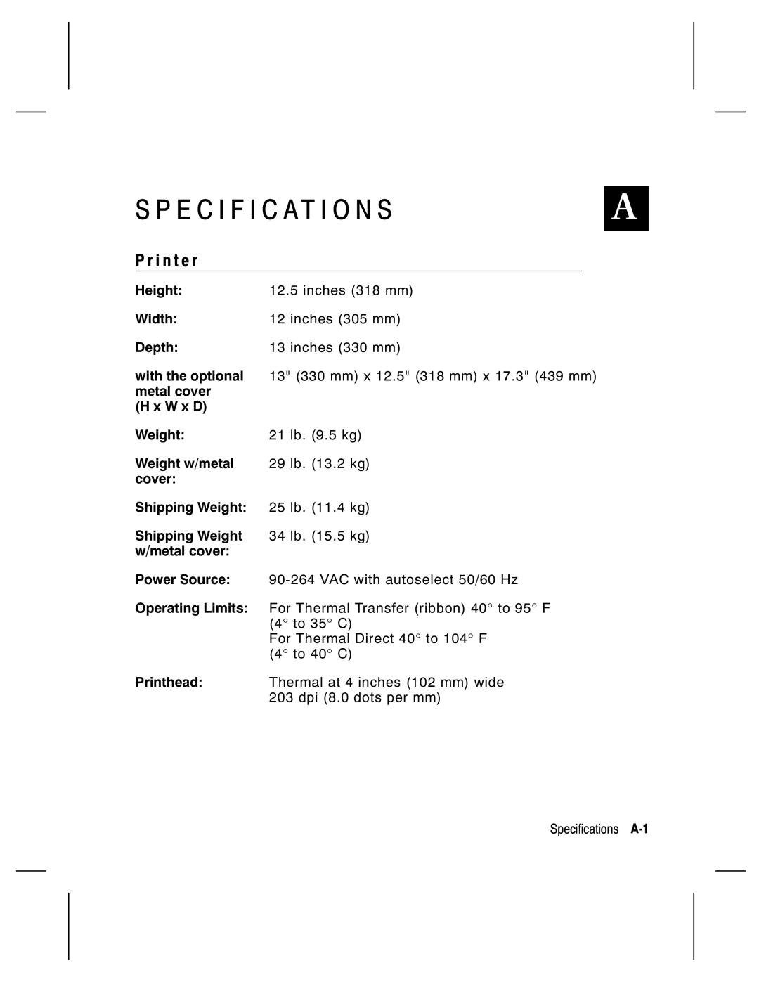 Paxar 9800 Series manual Specification S, I n t e r 