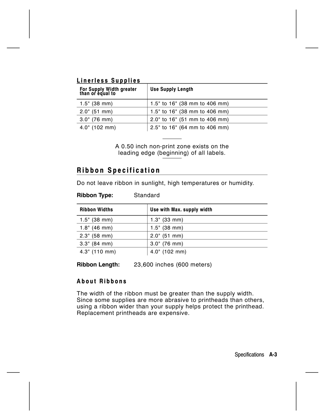 Paxar 9800 Series manual B b o n Specification, N e r l e s s S u p p l i e s, O u t R i b b o n s 