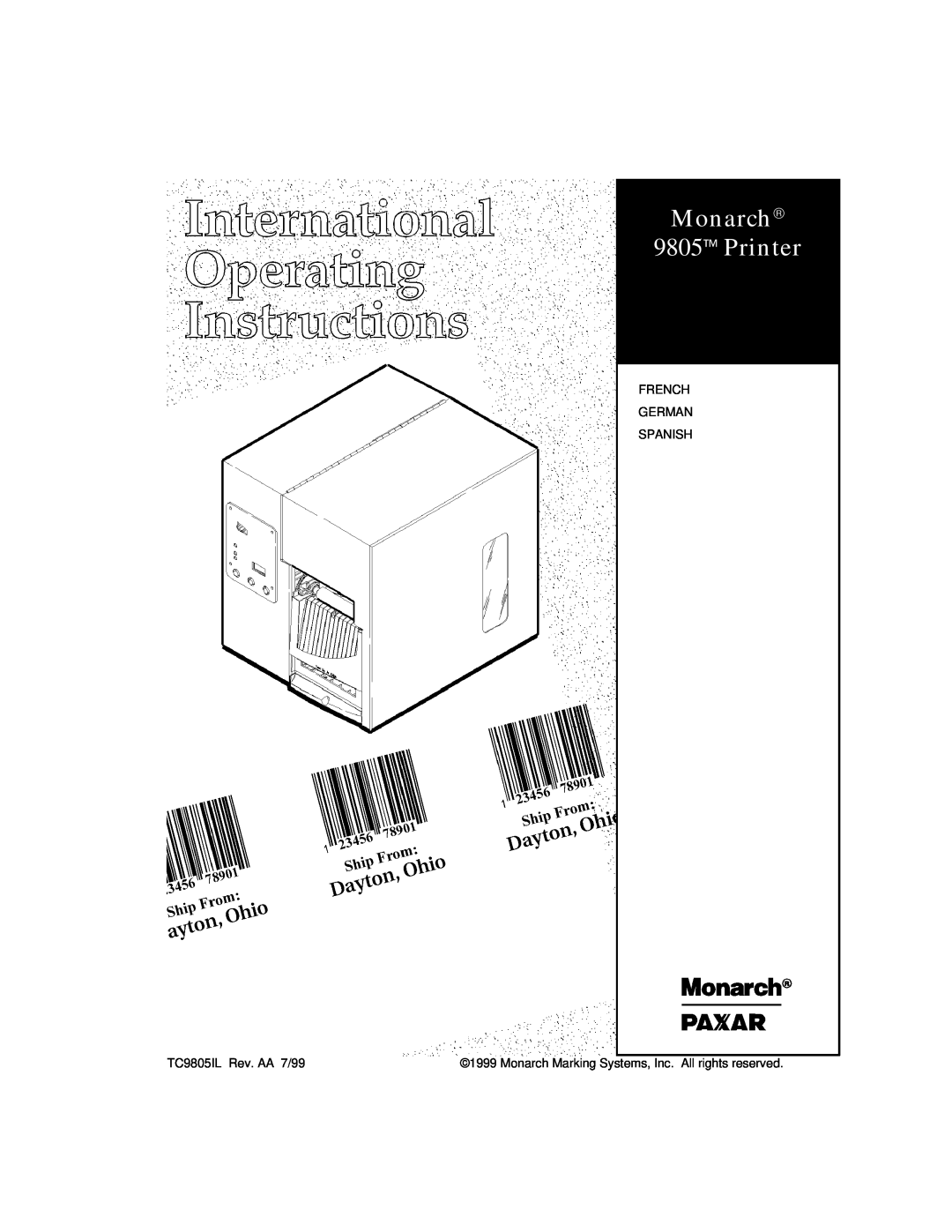 Paxar manual Monarch 9805 Printer, French German Spanish, TC9805IL Rev. AA 7/99 
