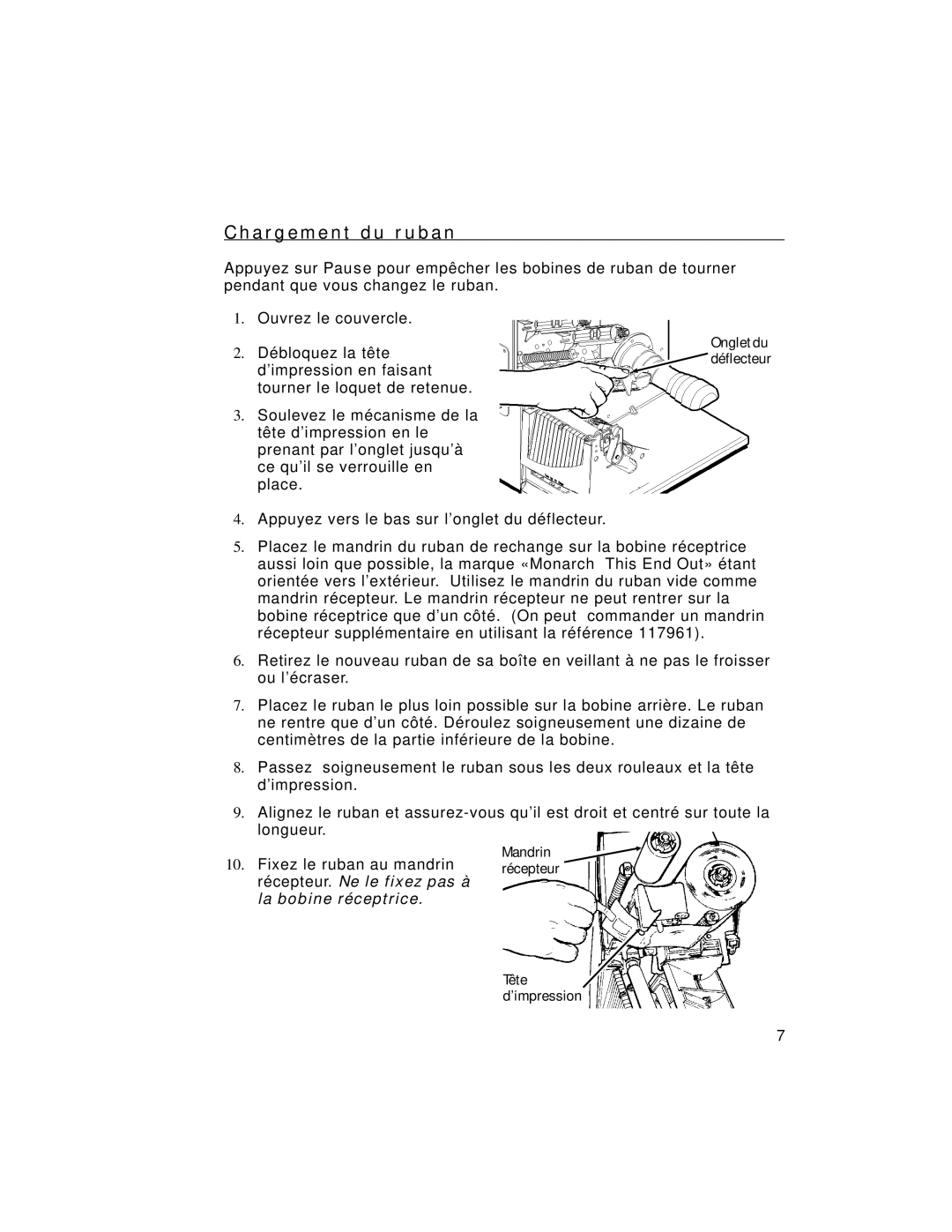 Paxar 9805 manual A r g e m e n t d u r u b a n, Mandrin, Tête ’impression 