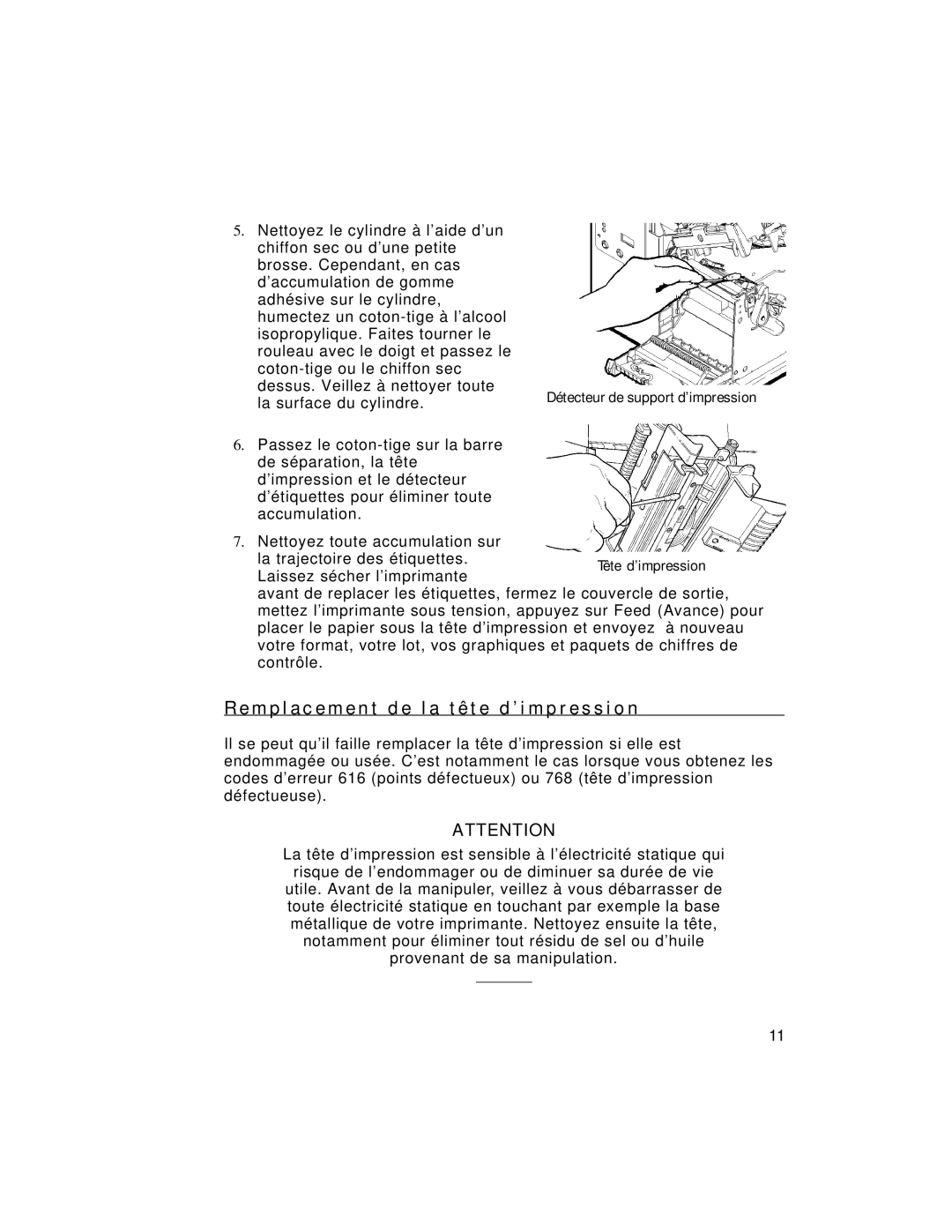 Paxar 9805 manual M p l a c e m e n t d e l a t ê t e d ’ i m p r e s s i o n, Tête d’impression 