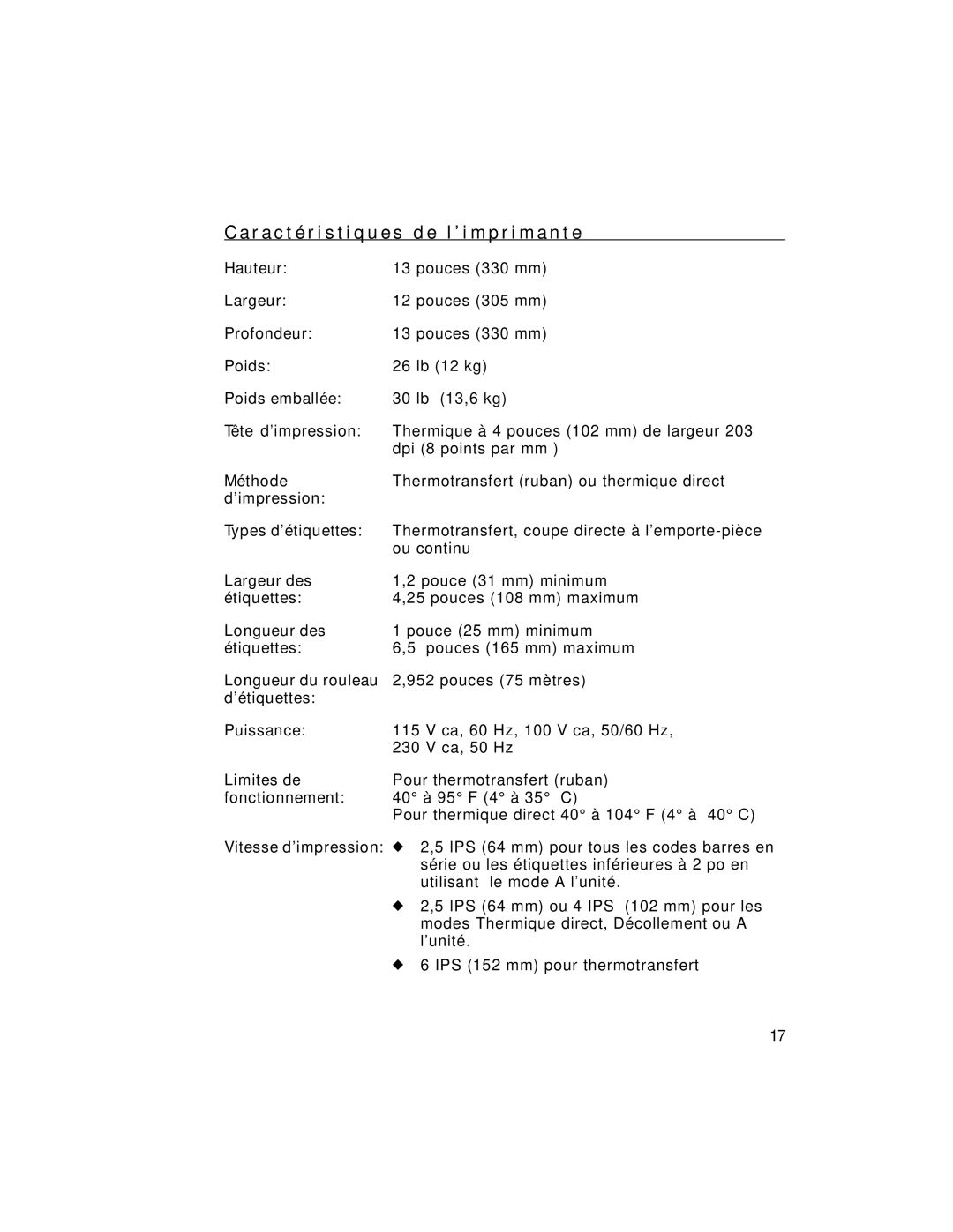 Paxar 9805 manual R a c t é r i s t i q u e s d e l ’ i m p r i m a n t e 