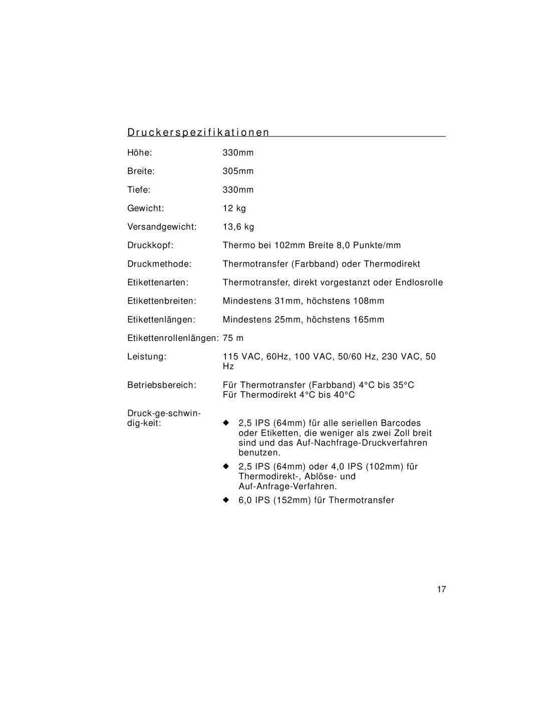 Paxar 9805 manual U c k e r s p e z i f i k a t i o n e n, Betriebsbereich Druck-ge-schwin- dig-keit 